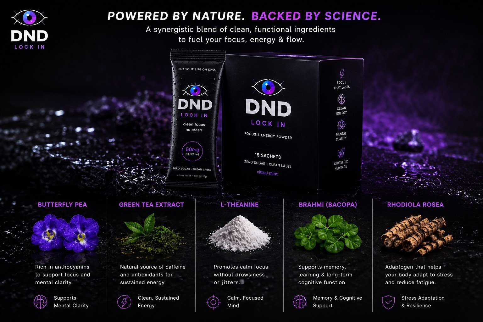 DND ingredients — butterfly pea, green tea extract, L-theanine, brahmi, rhodiola rosea